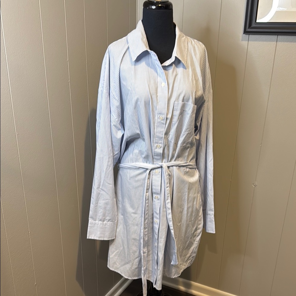 Abercrombie & Fitch Light Blue and White Pinstripe Long Sleeve Shirt Dress